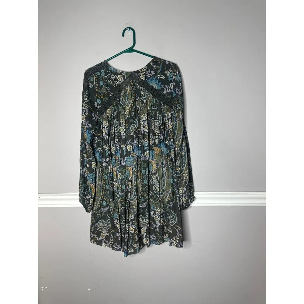 Free People Mini Dress Boho Baby Doll Lined Moss green S/P  Peasant Flowy 80s